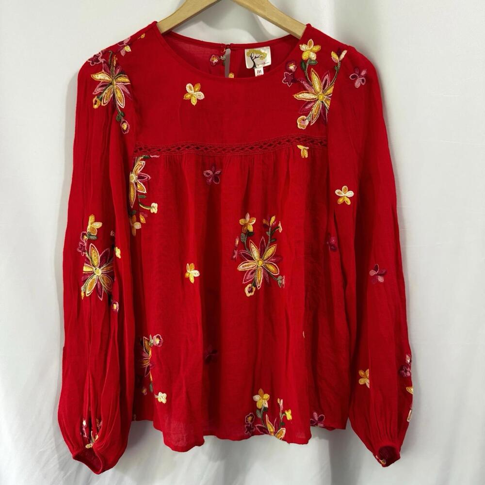 Fig and Flower Red Embroidered Floral Semi-Sheer Top Ballon Sleeves Size Medium